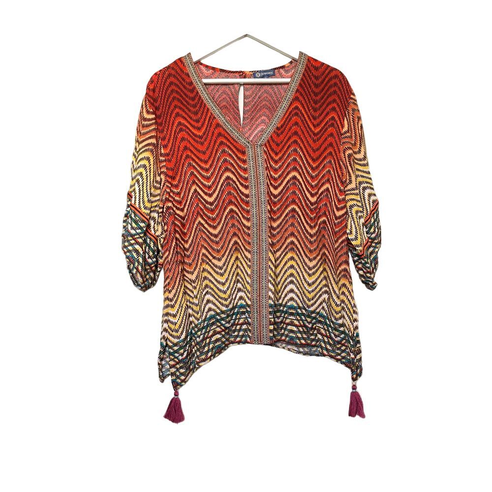 Democracy Multicolored Pancho Tunic Womens L Tassels Lagenlook‎ Boho Festival